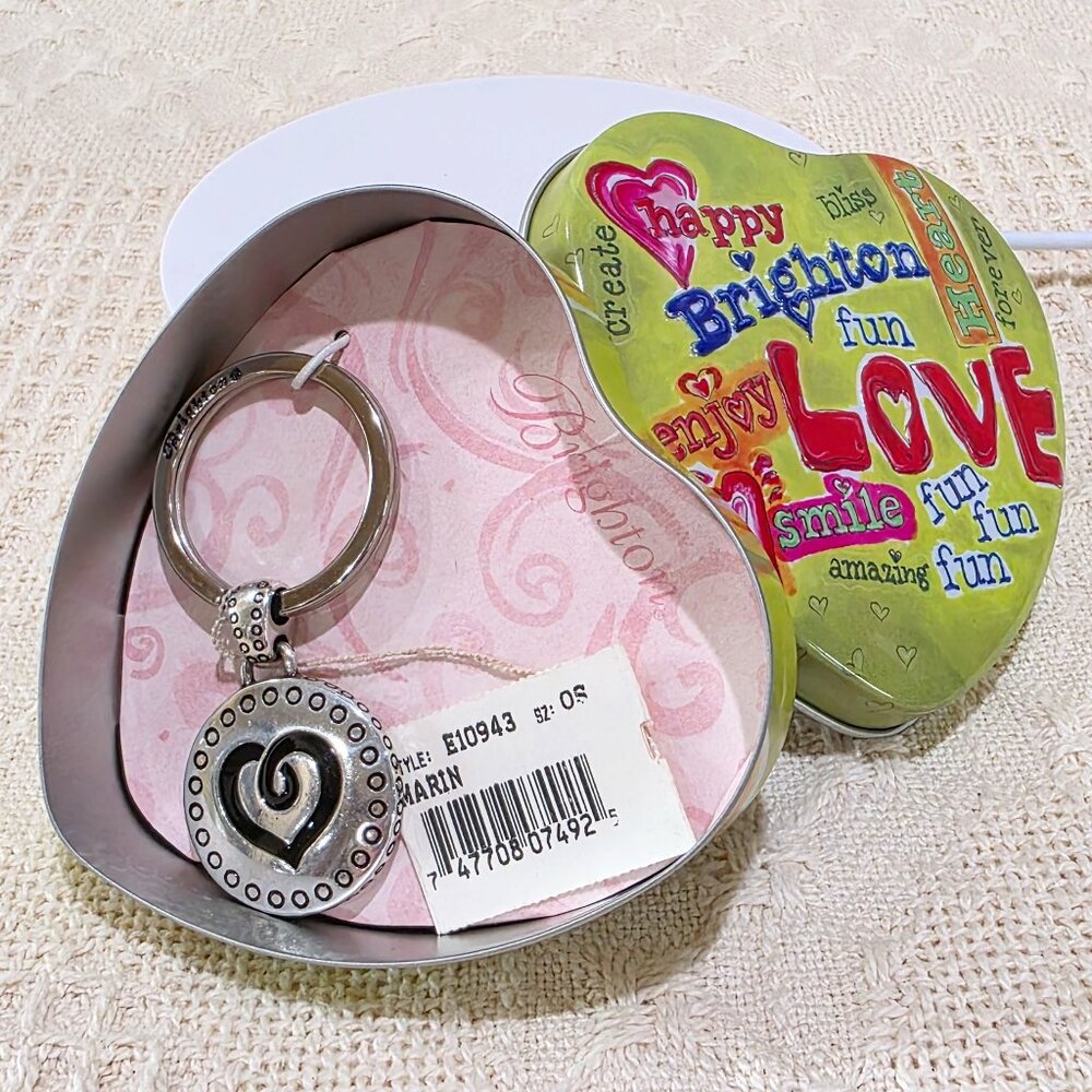 Vintage NOS Brighton Key Fob Keychain Round Heart Silver Marin w/ Heart Tin
